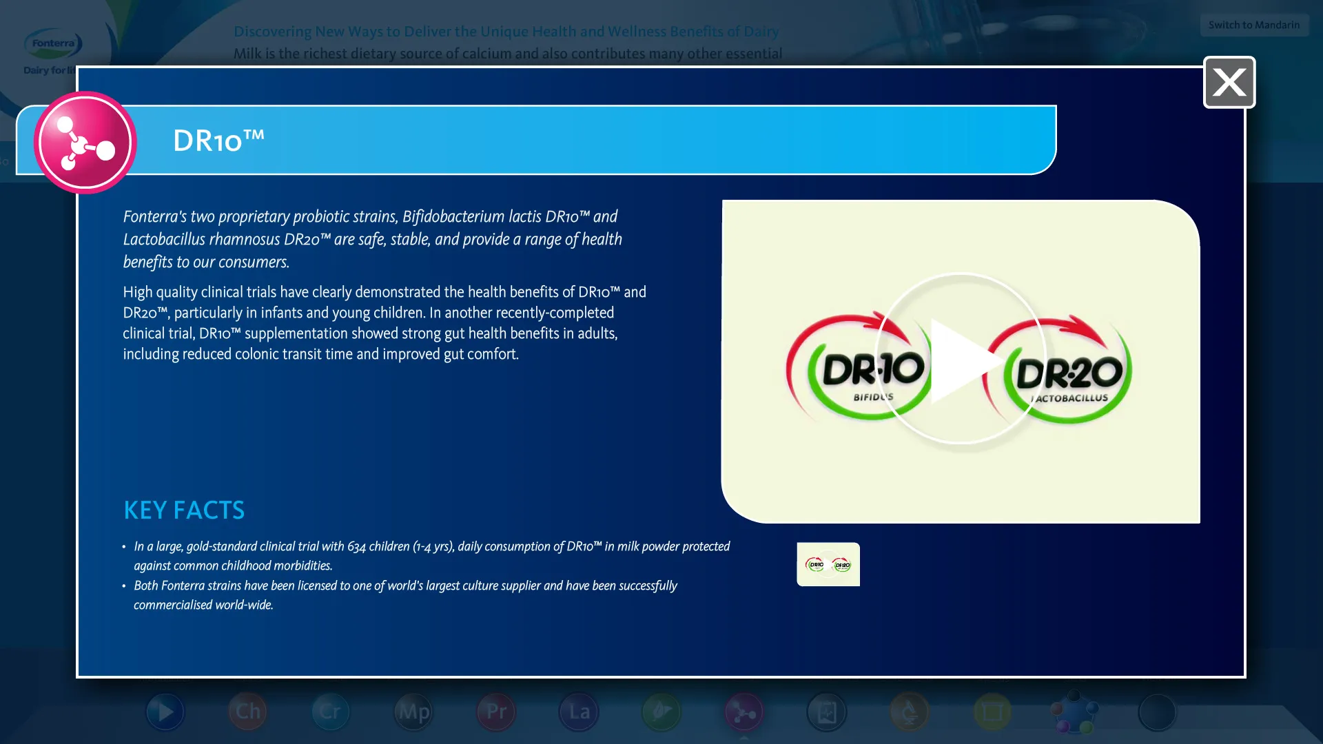 Detail panel for DR10 and DR20 probiotic strains