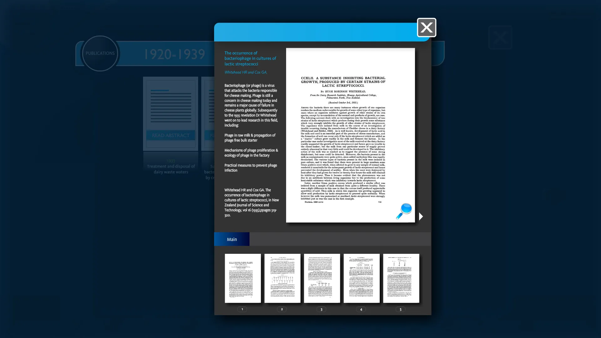 Publications browser showing research papers from 1920–1939